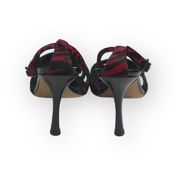 Manolo Blahnik ♕ Animal Printed Calf Hair Slingback Stiletto Sandals ♕ Black Red - Picture 4 of 17